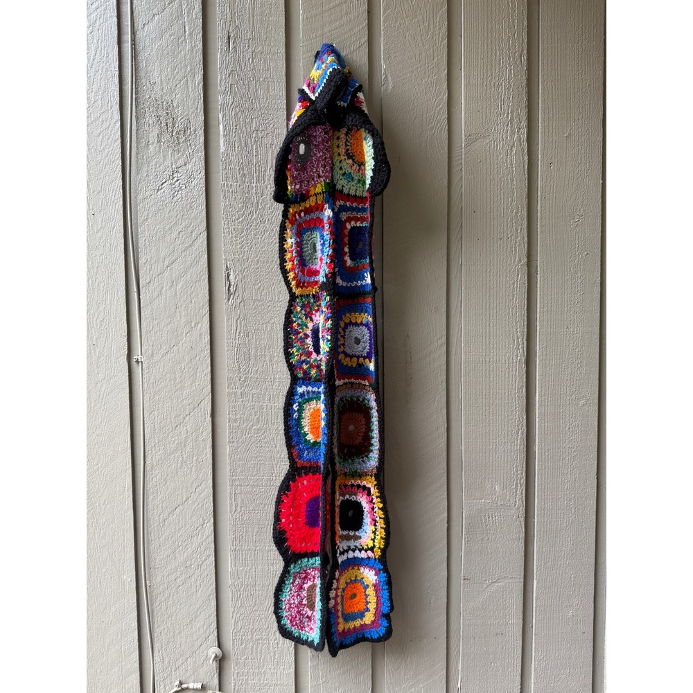 Vintage Handmade Crochet Hooded Scarf Granny Square Multi-Color Boho One Size